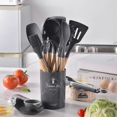 12 Pcs Silicone Cooking Utensils Kitchen Utensil Set - Heat Resistant Non-Toxic BPA Free Spatula Set with Turner Tongs,Spoon,Brush,Whisk-Wooden Handles Kitchen Gadgets Tools Set for Nonstick Cookware