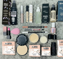 15Pcs Makeup Deal - Fixer + Lipgloss + Concealer + Primer + Foundation + Bullet Lipstick + Blender + 36H Liner + 2Pcs Pencil + 2 Nail Polish + Foundation Stick + Base + Loose Powder + Pan Cake
