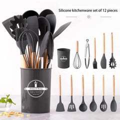 12 Pcs Silicone Cooking Utensils Kitchen Utensil Set - Heat Resistant Non-Toxic BPA Free Spatula Set with Turner Tongs,Spoon,Brush,Whisk-Wooden Handles Kitchen Gadgets Tools Set for Nonstick Cookware