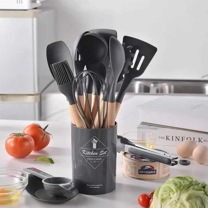 12 Pcs Silicone Cooking Utensils Kitchen Utensil Set - Heat Resistant Non-Toxic BPA Free Spatula Set with Turner Tongs,Spoon,Brush,Whisk-Wooden Handles Kitchen Gadgets Tools Set for Nonstick Cookware