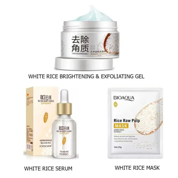 Bioaqua- Pack Of 3 White Rice Glowing Beauty Care Series Skin Care Brightening & Moisturizing Facial Kit Serum , Rice Gel & Sheet Mask